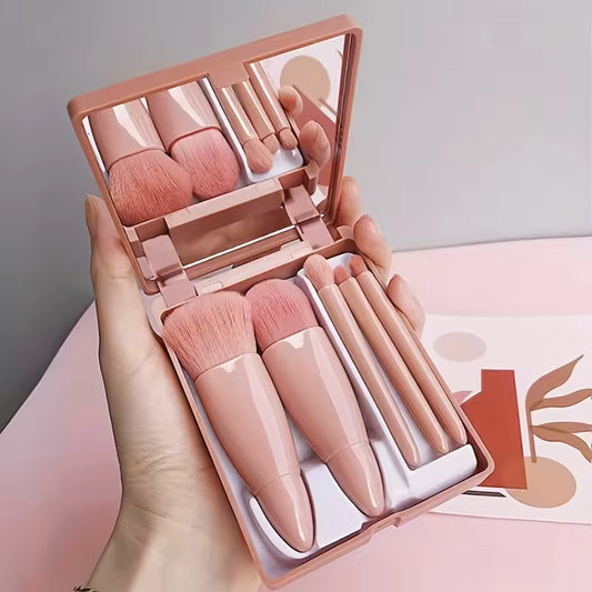 5Pcs Portable Makeup Brush Set With Mirror - Foldable Travel Kit ๏ผMini Makeup Brush Set Travel Makeup Brush Set