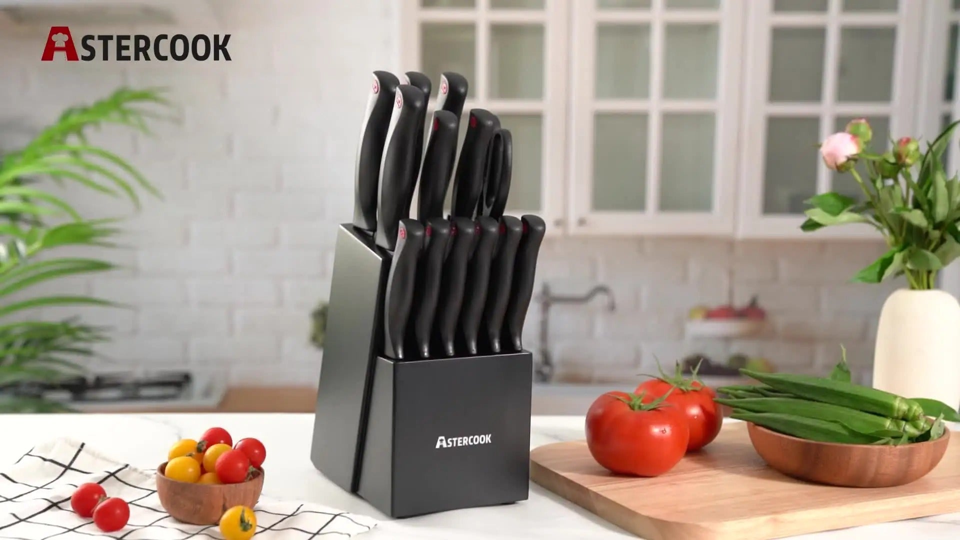 15PCS/ Astercook Knife Set with Sharpener Block - German Stainless Steel, Dishwasher Safe Kitchen Knife with Built-in Sharpener