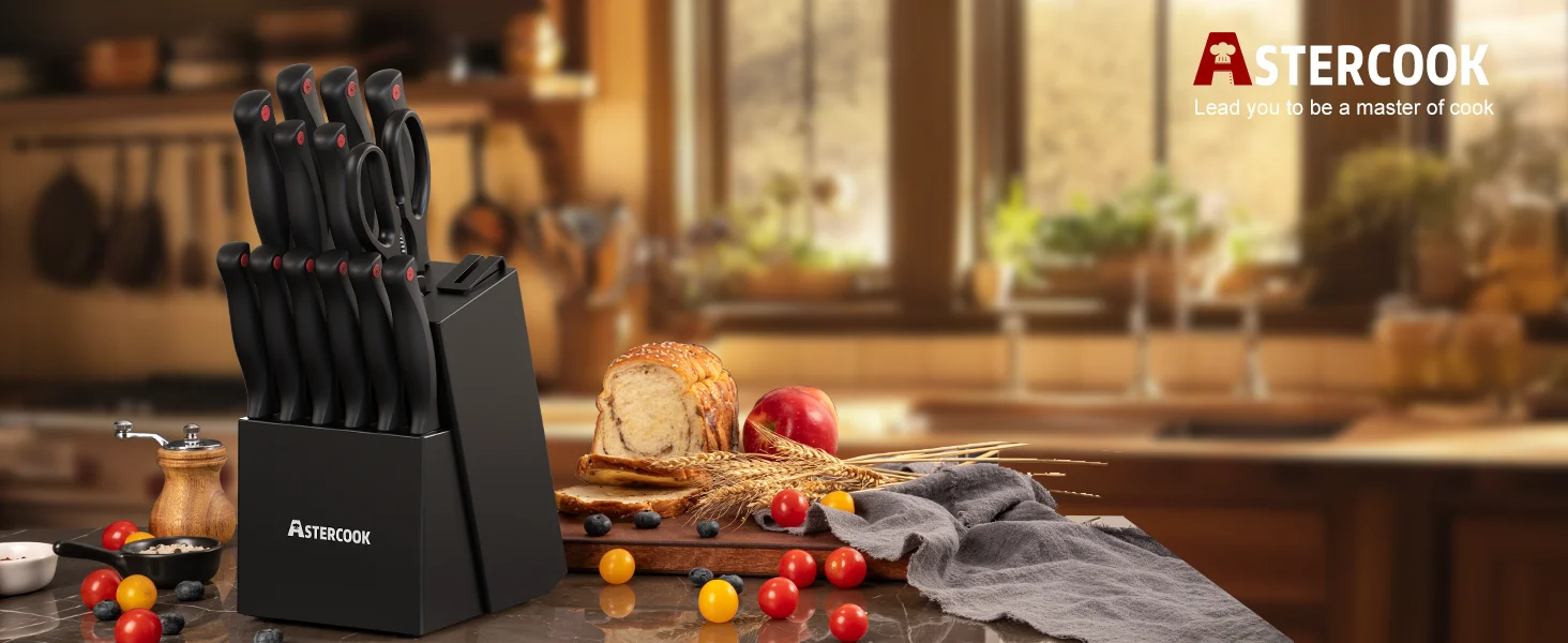 15PCS/ Astercook Knife Set with Sharpener Block - German Stainless Steel, Dishwasher Safe Kitchen Knife with Built-in Sharpener