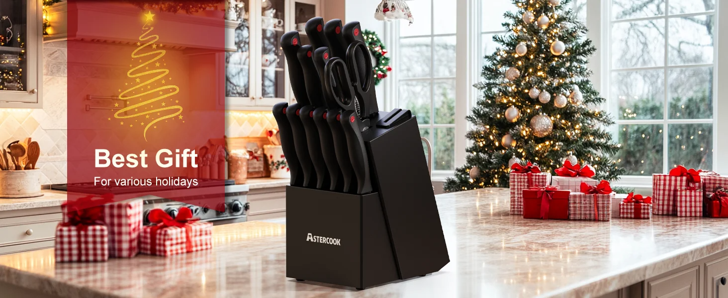 15PCS/ Astercook Knife Set with Sharpener Block - German Stainless Steel, Dishwasher Safe Kitchen Knife with Built-in Sharpener